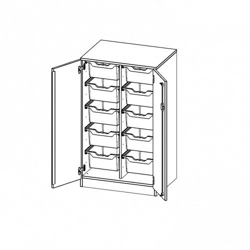 ErgoTray Schrank, zweireihig, 3 Ordnerhöhen - evo180 Serie B/H/T: 70,3x118x50 cm, zweitürig, mit Sockel (81 mm), mit 10 hohen ErgoTray Boxen