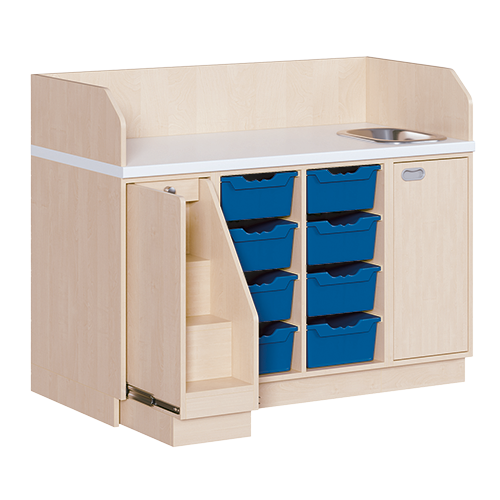 Wickelkommode, dreireihig zuzüglich Waschbecken B/H/T: 143x113x91,5 cm, Ausziehbarer Aufstieg links, 8 Boxen und Waschbecken rechts