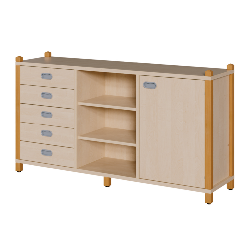 Stollen-Raumteiler mit 5 Schüben, Tür und mittigem Regal B/H/T: 156x80x40 cm, links 5 Schübe mit Dekorblende, rechts Tür, mittiges Regal, 4 Einlegeböden