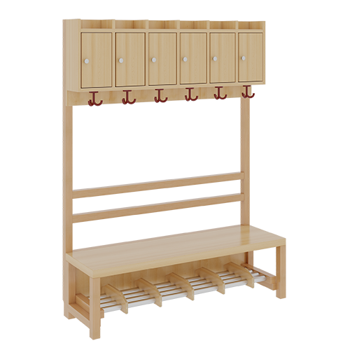 Komplettgarderobe mit Ablagen und Türen B/H/T: 120x158x39 cm, 6 Plätze, Sitzhöhe: 42 cm, offene Stütze in Buche-massiv, Schuhrost aus Aluminiumrohren mit Facheinteilungen