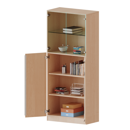Schrank, 5 Ordnerhöhen, unten Türen (3 OH), oben Vitrinentüren (2 OH) - Serie evo180 B/H/T: 100x190x40 cm, 2 geschlossene und 2 Glastüren, abschließbar, mit Sockel (81 mm)