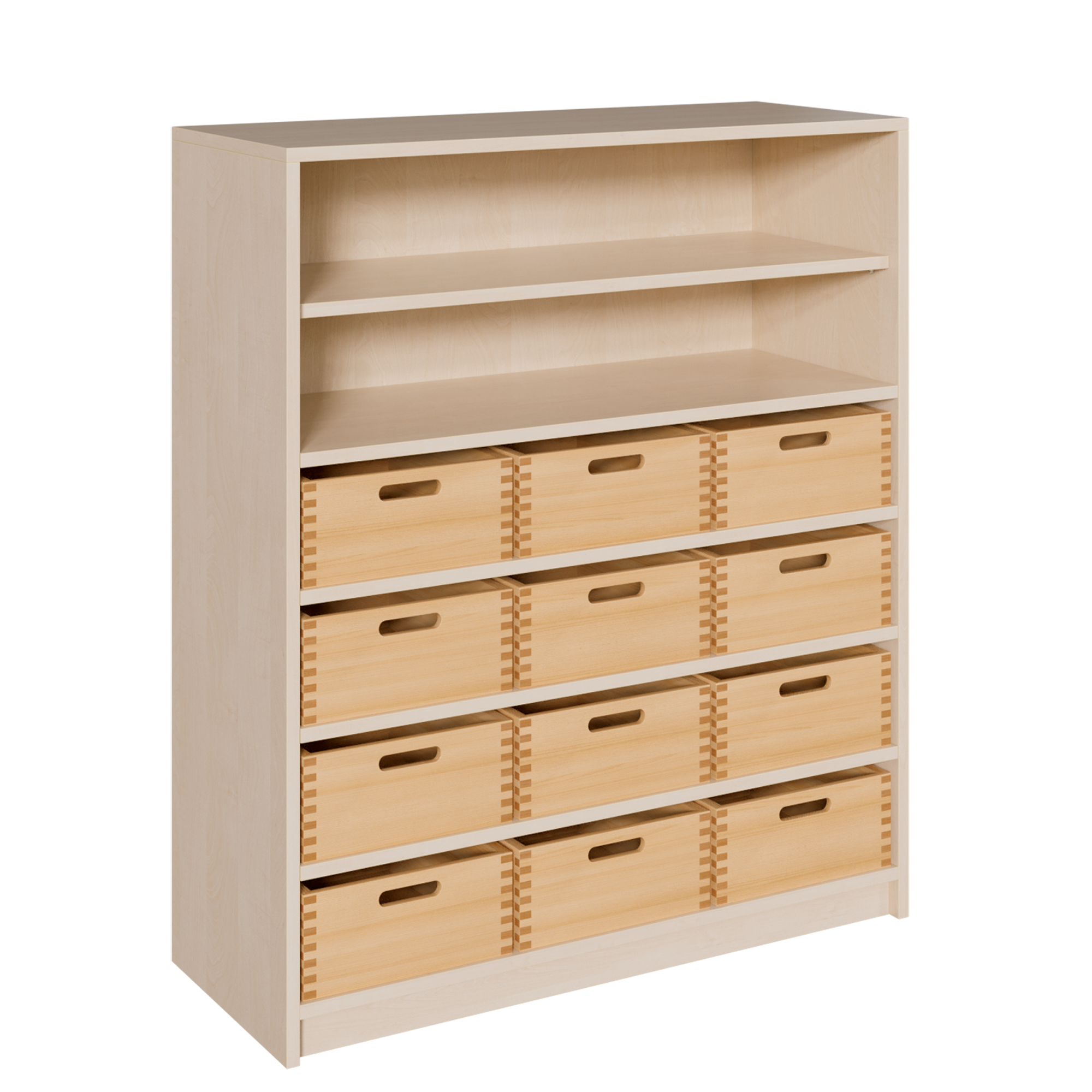 Korpus-Regal mit Materialkästen und offenen Fächern B/H/T: 102x120x40 cm, mit 12 Massivholz-Kästen (ohne Sichtfenster), oben Regal mit 2 Fächern
