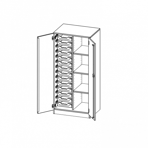 ErgoTray Schrank, zweireihig, 4 Ordnerhöhen - evo180 Serie B/H/T: 70,3x154x50 cm, zweitürig, mit Sockel (81 mm), mit 14 flachen ErgoTray Boxen