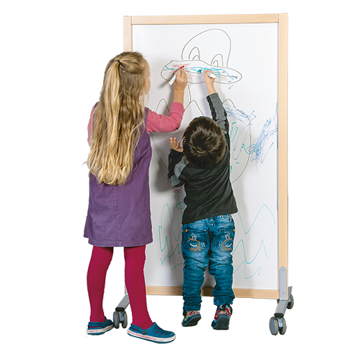 Trennwand fahrbar, mit Emaille-Flächen B/H/T: 74x137x50 cm, vorn/hinten Emaille weiß, Stahlgestell mit RAL-Farbe 9006 (weißaluminium)