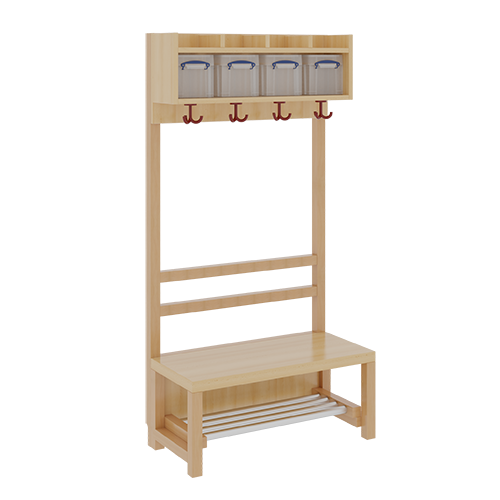 Komplettgarderobe mit einfacher Ablage inklusive Boxen B/H/T: 80x130x39 cm, 4 Plätze, Sitzhöhe: 26 cm, offene Stütze in Buche-massiv, mit Schuhrost aus Aluminiumrohren
