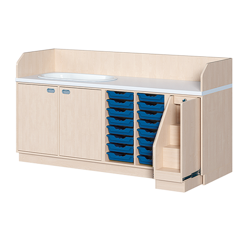 Wickelkommode, dreireihig zuzüglich Badewanne B/H/T: 213x113x71,5 cm, Ausziehbarer Aufstieg rechts, 16 Boxen und Badewanne links
