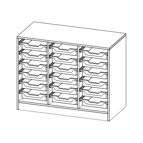 ErgoTray Regal, dreireihig, 2 Ordnerhöhen - evo180 Serie B/H/T: 104,5x82x50 cm, mit Sockel (81 mm), 18 flache ErgoTray Boxen