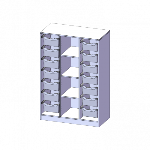 ErgoTray Regal, dreireihig, 4 Ordnerhöhen - evo180 Serie B/H/T: 104,5x154x50 cm, mit Sockel (81 mm), rechts und links je 7 hohe ErgoTray Boxen, 4 Fächer in der Mitte