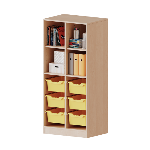 ErgoTray Regal, zweireihig, 4 Ordnerhöhen - evo180 Serie B/H/T: 70,3x154x40 cm, mit Sockel (81 mm), oben 4 Fächer, unten 6 hohe ErgoTray Boxen
