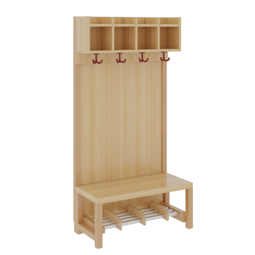 Komplettgarderobe mit einfacher Ablagereihe B/H/T: 80x130x39 cm, 4 Plätze, Sitzhöhe 34 cm, Stütze mit Paneelrückwand, Alurohr-Schuhrost mit Trennungen