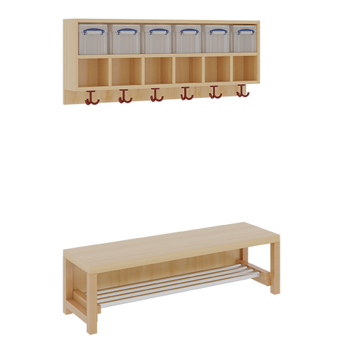 Komplettgarderobe mit doppelter Ablagereihe inklusive Boxen B/T: 120x35 cm, 6 Plätze, Sitzhöhe 42 cm, 2teilig ohne Stütze, Ablage zur Wandmontage, mit Alurohr-Schuhrost