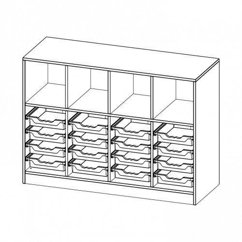 ErgoTray Regal, vierreihig, 2,5 Ordnerhöhen - evo180 Serie B/H/T: 138,7x100x50 cm, mit Sockel (81 mm), oben 4 Fächer, unten 16 flache ErgoTray Boxen