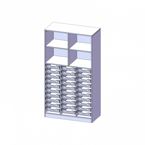 ErgoTray Regal, dreireihig, 5 Ordnerhöhen - evo180 Serie B/H/T: 104,5x190x50 cm, mit Sockel (81 mm), unten 30 flache ErgoTray Boxen, oben 2 Einlegeböden