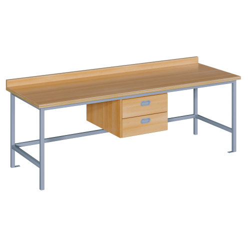 Werkbank mittig 2 Schübe untereinander B/H/T: 150x75x70 cm, Werkbank mit zwei Schüben mittig, Stahlgestell mit RAL-Farbe 9006 (weißaluminium)