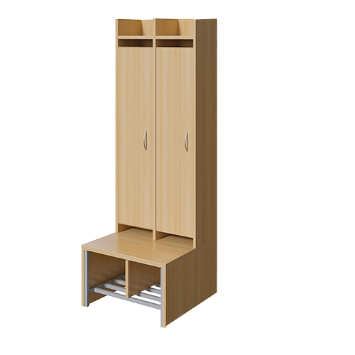 Spindgarderobe, hohe Tür B/H/T: 56x160x55 cm, 2 Plätze, Türen links, Bank aus feuerhemmendem Material, Schuhrost, 3fach-Haken