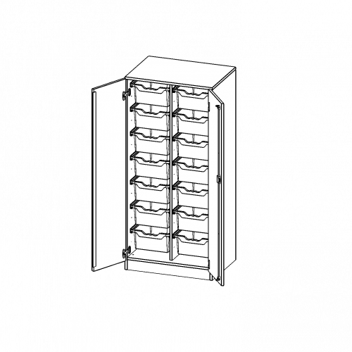 ErgoTray Schrank, zweireihig, 4 Ordnerhöhen - evo180 Serie B/H/T: 70,3x154x50 cm, zweitürig, mit Sockel (81 mm), mit 14 hohen ErgoTray Boxen