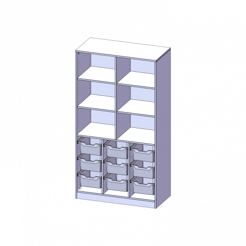 ErgoTray Regal, dreireihig, 5 Ordnerhöhen - evo180 Serie B/H/T: 104,5x190x50 cm, mit Sockel (81 mm), unten 9 hohe ErgoTray Boxen, oben 4 Einlegeböden