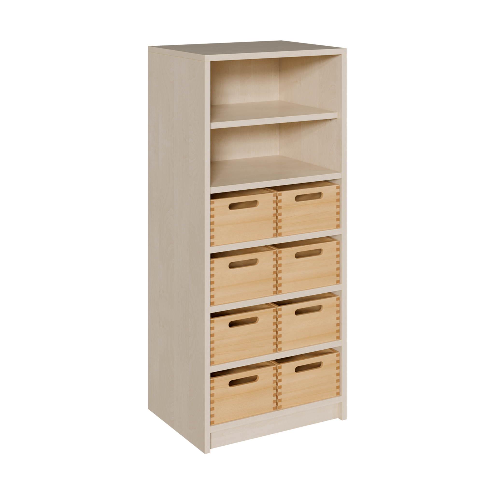Korpus-Regal mit Materialkästen und offenen Fächern B/H/T: 52x120x40 cm, mit 8 Massivholz-Kästen (ohne Sichtfenster), oben Regal mit 2 Fächern