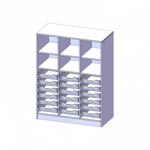 ErgoTray Regal, dreireihig, 3,5 Ordnerhöhen - evo180 Serie B/H/T: 104,5x136x50 cm, mit Sockel (81 mm), unten 18 flache, oben 6 Fächer