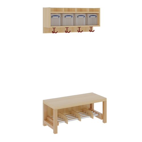 Komplettgarderobe mit einfacher Ablage inklusive Boxen B/T: 80x35 cm, 4 Plätze, Sitzhöhe 42 cm, 2teilig ohne Stütze, Ablage zur Wandmontage, Alurohr-Schuhrost mit Trennungen