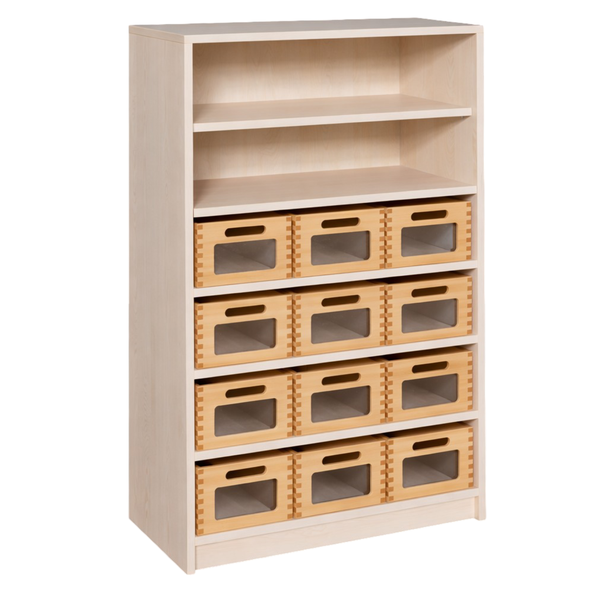 Korpus-Regal mit Materialkästen und offenen Fächern B/H/T: 78x120x40 cm, mit 12 Massivholz-Kästen mit Sichtfenster, oben Regal mit 2 Fächern