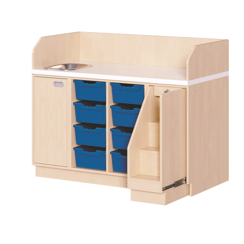 Wickelkommode, dreireihig zuzüglich Waschbecken B/H/T: 143x113x71,5 cm, Ausziehbarer Aufstieg rechts, 8 Boxen und Waschbecken links