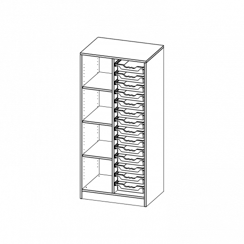 ErgoTray Regal, zweireihig, 4 Ordnerhöhen - evo180 Serie B/H/T: 70,3x154x50 cm, mit Sockel (81 mm), links 4 Fächer, rechts 14 flache ErgoTray Boxen