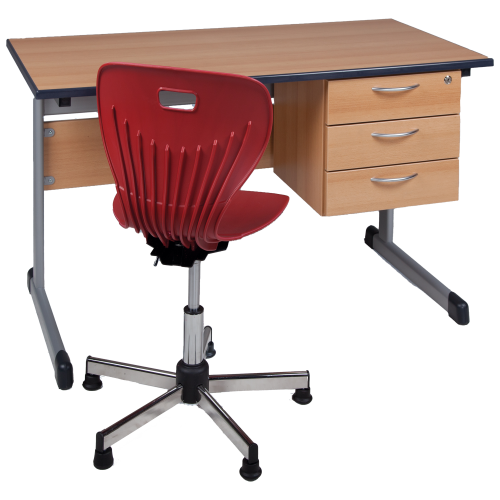 Lehrertisch aus Melamin mit 3 Schüben außen B/H: 130x65 cm, mit Schloß, ohne Ablage