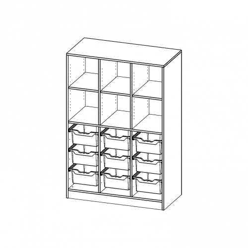 ErgoTray Regal, dreireihig, 4 Ordnerhöhen - evo180 Serie B/H/T: 104,5x154x50 cm, mit Sockel (81 mm), unten 9 hohe, oben 6 Fächer