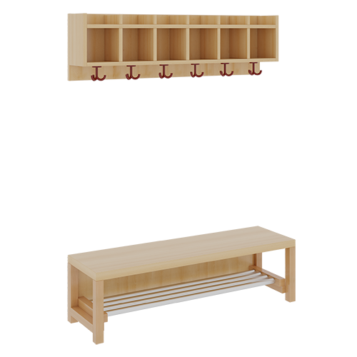 Komplettgarderobe mit einfacher Ablagereihe B/T: 120x35 cm, 6 Plätze, Sitzhöhe: 26 cm, 2teilig ohne Stütze, Ablage zur Wandmontage, mit Schuhrost aus Aluminiumrohren