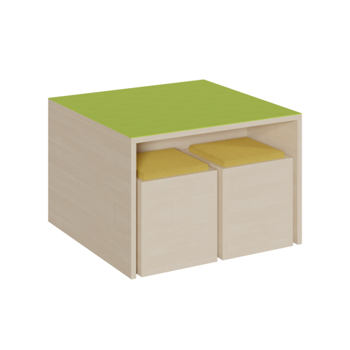 Tischpodest mit Linoleumdeckplatte und 4 Hockern B/H/T: 70 x 46 x 70 cm, TH: 46 cm,  SH: 34 cm