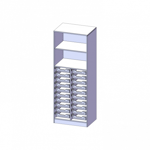 ErgoTray Regal, zweireihig, 5 Ordnerhöhen - evo180 Serie B/H/T: 70,3x190x50 cm, mit Sockel (81 mm), unten 20 flache ErgoTray Boxen, oben 2 Einlegeböden