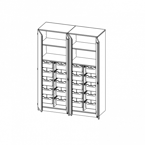 ErgoTray Schrank, zweiteilig, vierreihig, 5 Ordnerhöhen - evo180 Serie B/H/T: 140,6x190x50 cm, viertürig, zweiteilig, mit Sockel (81 mm), mit Mittelwand, mit 20 hohen ErgoTray Boxen