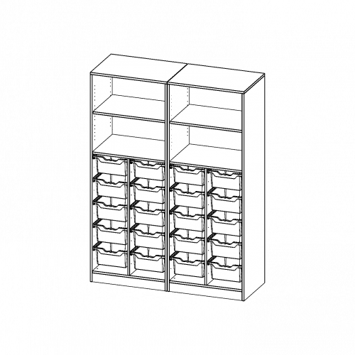 ErgoTray Regal, vierreihig, 5 Ordnerhöhen - evo180 Serie B/H/T: 140,6x190x50 cm, mit Sockel (81 mm), zweiteilig, unten 20 hohe ErgoTray Boxen, oben 2 Einlegeböden