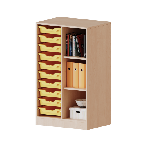ErgoTray Regal, zweireihig, 3 Ordnerhöhen - evo180 Serie B/H/T: 70,3x118x50 cm, fahrbar, rechts 3 Fächer, links 10 flache ErgoTray Boxen
