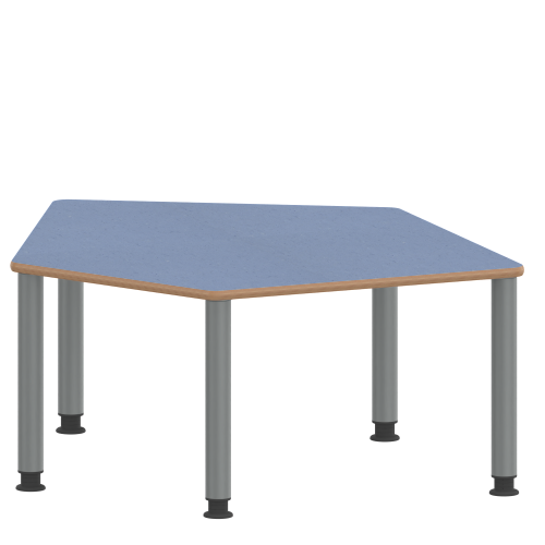Tisch ZALOTTI mit Linoleum-Belag Fünfecktisch-klein, B/H/T: 121x41x110 cm, Stahlrohrbeine Ø 60 mm, Fußvariante: höhenverstellbar (41/55 cm), Tischbeine mit RAL-Farbe 9006 (weißaluminium)