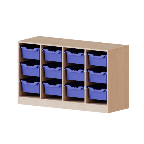 ErgoTray Regal, vierreihig, 2 Ordnerhöhen - evo180 Serie B/H/T: 138,7x82x40 cm, mit Möbelstellfüßen, 12 hohe ErgoTray Boxen