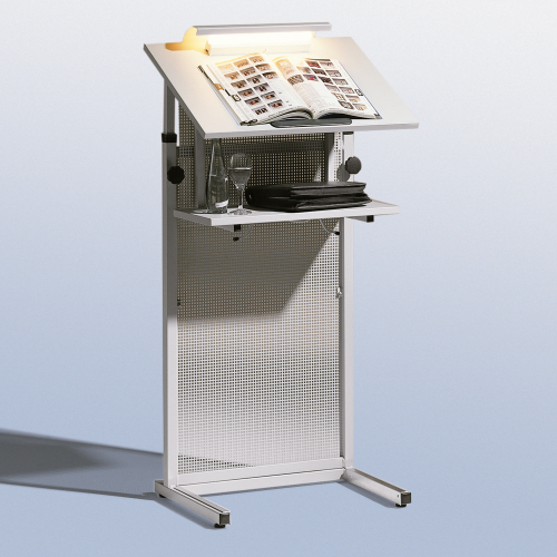 Rednerpult mit Lochblech Frontblende der Serie RP 7 B/H/T: 60x111-133x45 cm, fahrbar