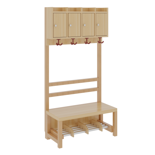 Komplettgarderobe mit Ablagen und Türen B/H/T: 80x158x39 cm, 4 Plätze, Sitzhöhe: 34 cm, offene Stütze in Buche-massiv, Schuhrost aus Aluminiumrohren mit Facheinteilungen
