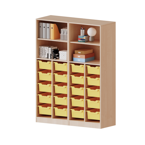 ErgoTray Regal, vierreihig, 5 Ordnerhöhen - evo180 Serie B/H/T: 140,6x190x40 cm, mit Sockel (81 mm), zweiteilig, unten 20 hohe ErgoTray Boxen, oben 2 Einlegeböden
