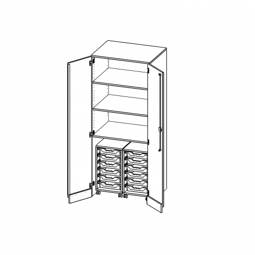 Garagenschrank ohne Sockel, 5 Ordnerhöhen - Serie evo180 B/H/T: 80x190x60 cm, 2 Container mit je 6 flachen ErgoTray Boxen