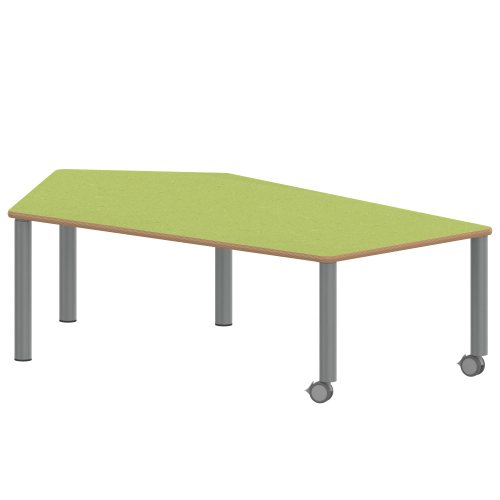 Tisch ZALOTTI mit Linoleum-Belag Fünfecktisch-groß, B/H/T: 185x64x104 cm, Stahlrohrbeine Ø 60 mm, Fußvariante: fahrbar, Tischbeine mit RAL-Farbe 9006 (weißaluminium)