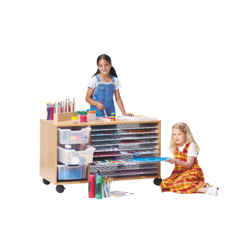 Papier-, Trocken- und Bastelwagen B/H/T: 113x71x53 cm, mit 10 Trockenrosten als Ablagen und 3 großen ErgoTray-Boxen, in multicolor
