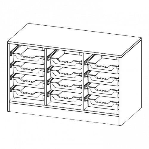 ErgoTray Regal, dreireihig, 1,5 Ordnerhöhen - evo180 Serie B/H/T: 104,5x64x50 cm, mit Sockel (81 mm), 12 flache ErgoTray Boxen