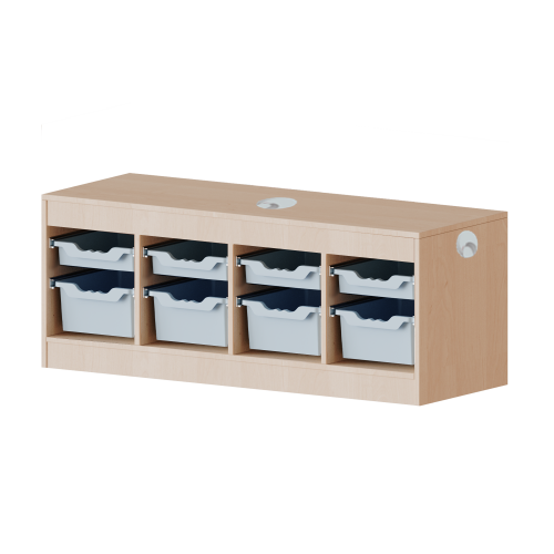 Regal mit flachen und hohen ErgoTray-Boxen, 1 Ordnerhöhe mit Kabelkanal B/H/T: 138,7x56x40 cm, mit zusätzlichem Kabelfach und 3 Kabeldurchlässen, 4 flache und 4 hohe ErgoTray Boxen