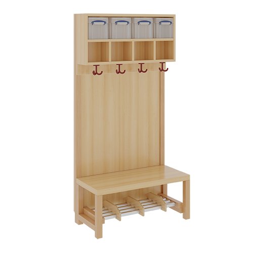 Komplettgarderobe mit doppelter Ablagereihe inklusive Boxen B/H/T: 80x158x39 cm, 4 Plätze, Sitzhöhe 42 cm, Stütze mit Paneelrückwand, Schuhrost aus Aluminiumrohren mit Trennungen
