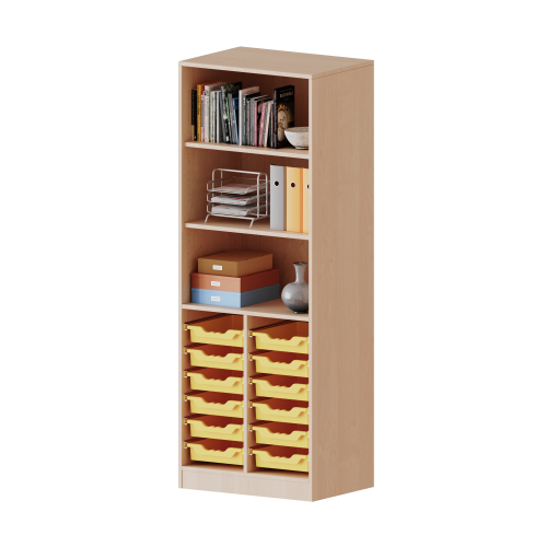 ErgoTray Regal, zweireihig, 5 Ordnerhöhen - evo180 Serie B/H/T: 70,3x190x40 cm, mit Sockel (81 mm), unten 12 flache ErgoTray Boxen, oben 2 Einlegeböden