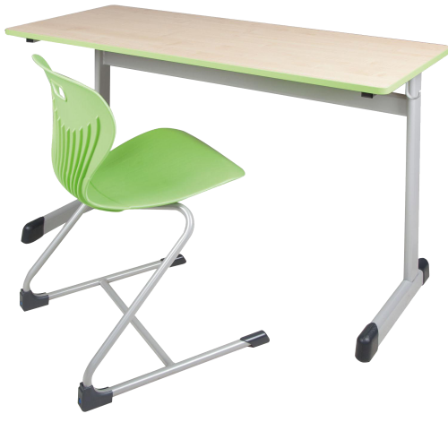 Zweier-Schülertisch 130x65 cm Modell T, Tischplatte Vollkern mit Drahtkorb, Tischhöhe: 53 cm