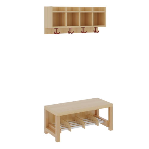 Komplettgarderobe mit einfacher Ablagereihe B/T: 80x35 cm, 4 Plätze, Sitzhöhe 34 cm, 2teilig ohne Stütze, Ablage zur Wandmontage, Alurohr-Schuhrost mit Trennungen