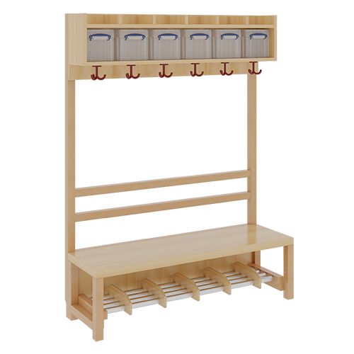 Komplettgarderobe mit einfacher Ablage inklusive Boxen B/H/T: 120x130x39 cm, 6 Plätze, Sitzhöhe 26 cm, offene Stütze, Schuhrost aus Aluminiumrohren mit Trennungen